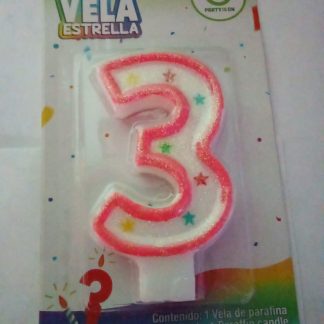 Vela Número 3 con Estrellas para Pastel                                                                               Vela en forma de número 3 con decoración de estrellas y colores vivos. Perfecta para celebraciones.