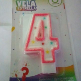 Vela Número 4 con Estrellas para Pastel                                                                               Vela número 4 con acabado brillante y diseño alegre. Ideal para fiestas de cumpleaños.