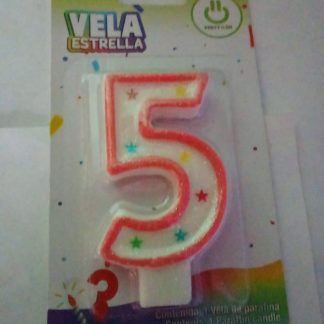 Vela Número 5 con Estrellas para Pastel                                                                               Vela decorativa número 5 con detalles de estrellas multicolor. Aporta un toque festivo a cualquier pastel.
