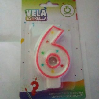 Vela Número 6 con Estrellas para Pastel                                                                               Vela número 6 con diseño colorido y base para fácil colocación en pastel. Excelente para cumpleaños.