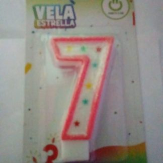 Vela Número 7 con Estrellas para Pastel                                                                               Vela para pastel en forma de número 7 con acabado brillante y detalles de estrellas. Ideal para celebraciones infantiles y temáticas.