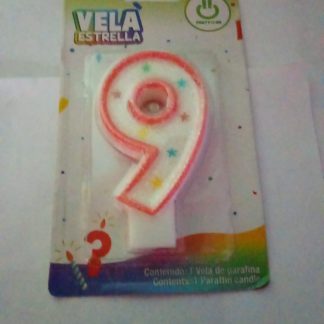Vela Número 9 con Estrellas para Pastel                                                                               Vela decorativa en forma de número 9 con diseño de estrellas de colores. Perfecta para cumpleaños y eventos especiales.