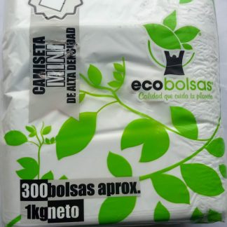 Camiseta mini alta densidad Ecobolsas 300 pzas 1kg                                                        Bolsa camiseta mini de alta densidad paquete con aproximadamente 300 piezas ideal para tiendas.                          Bolsas camiseta